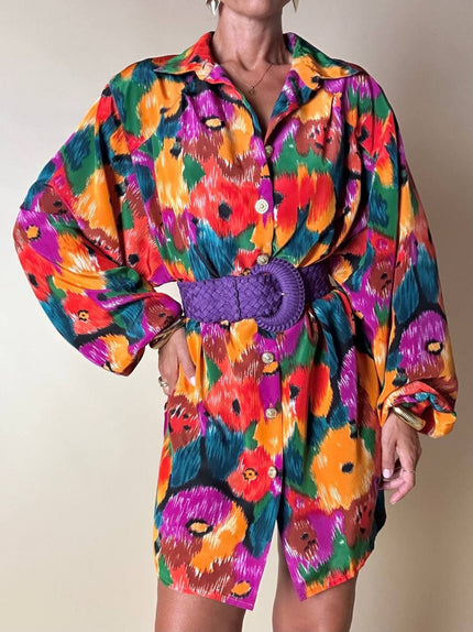 Camicia oversize fantasia floreale multicolor con bottoni dorati