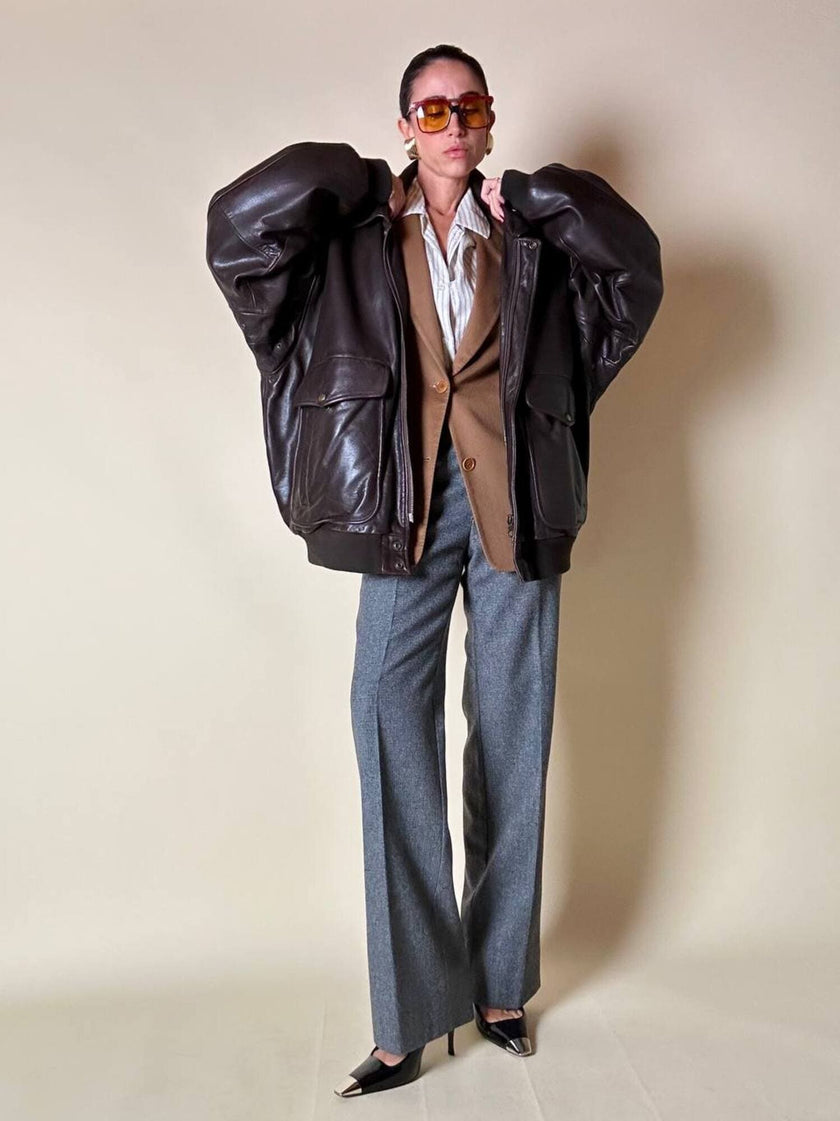 Bomber aviator oversize in pelle testa di moro