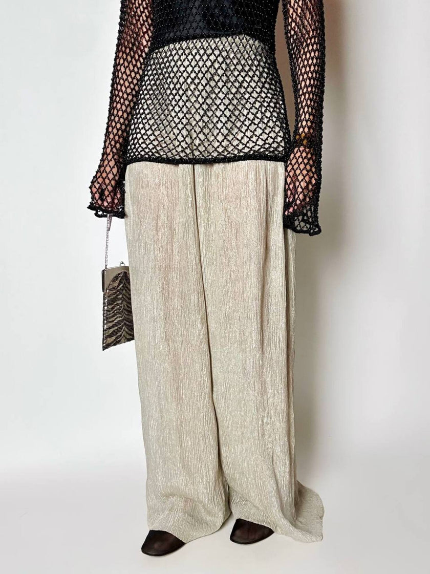 Pantalone a palazzo vintage Emporio Armani in seta goffrata champagne operata con filo metallico