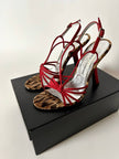 Sandalias vintage Dolce & Gabbana en crepé rojo y terciopelo con estampado de leopardo
