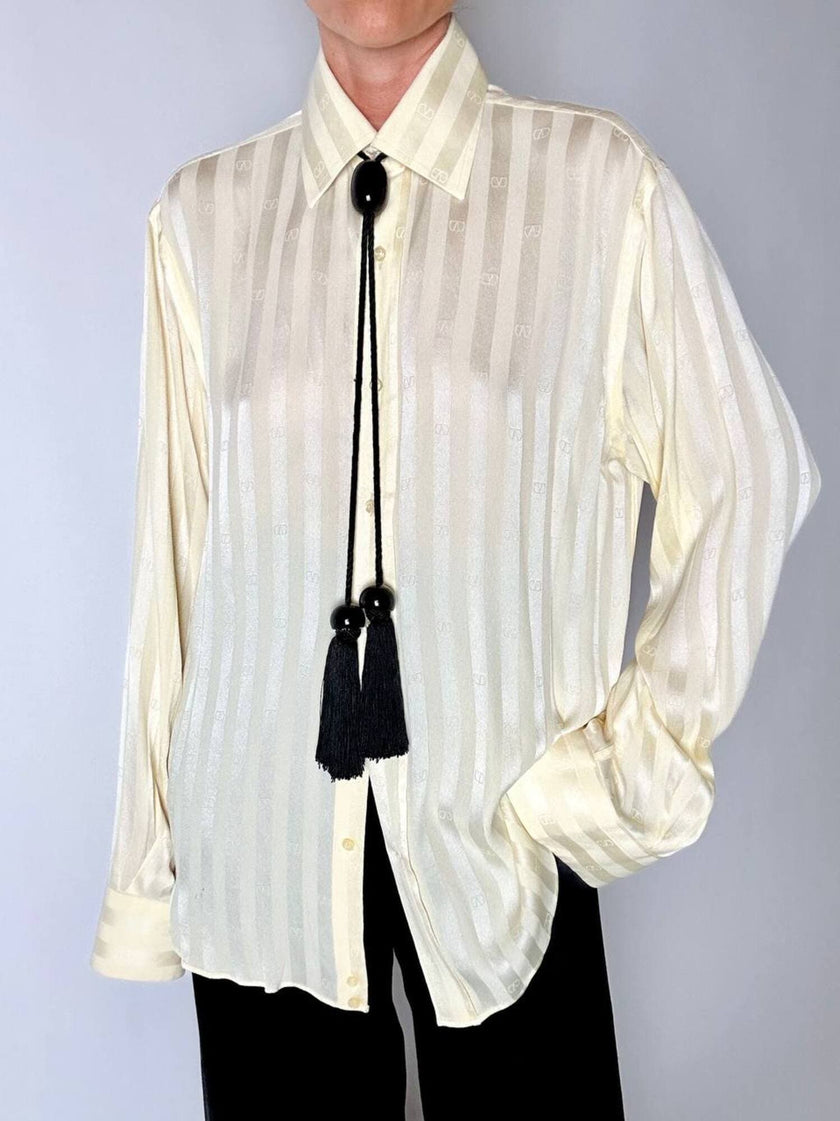Chemise vintage en soie Valentino Garavani ivoire à rayures avec logos all-over
