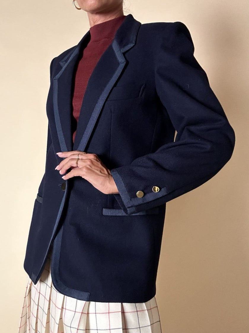 Blazer in lana blu con profili in gros grain “Gibò Firenze”