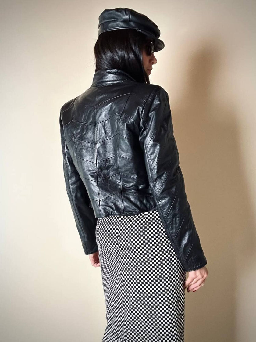 Schwarze Lederjacke in Ton-in-Ton-Patchwork-Verarbeitung „Ilaria F.“