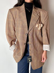 Blazer vintage oversize in fresco di lana principe di Galles beige e marrone con pochette in seta Vincam