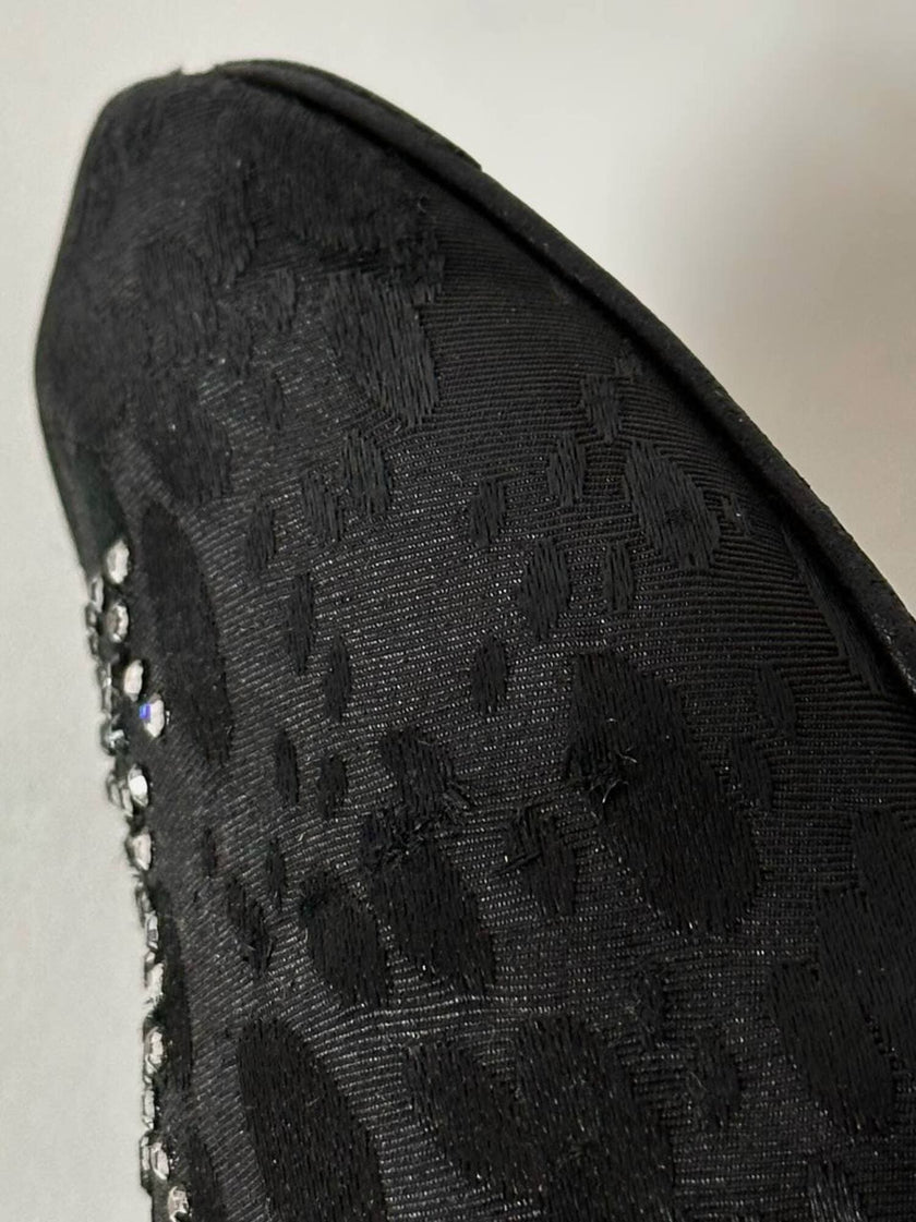Ballerine slipper Yves Saint Laurent jacquard in tela nera animalier con monogramma YSL in strass