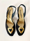 Sandali vintage Yves Saint Laurent in Crêpe de Chine nero con maxi cuori dorati