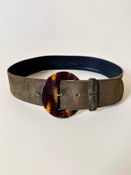 Cintura Yves Saint Laurent in camoscio verde militare con maxi fibbia rotonda effetto tartaruga