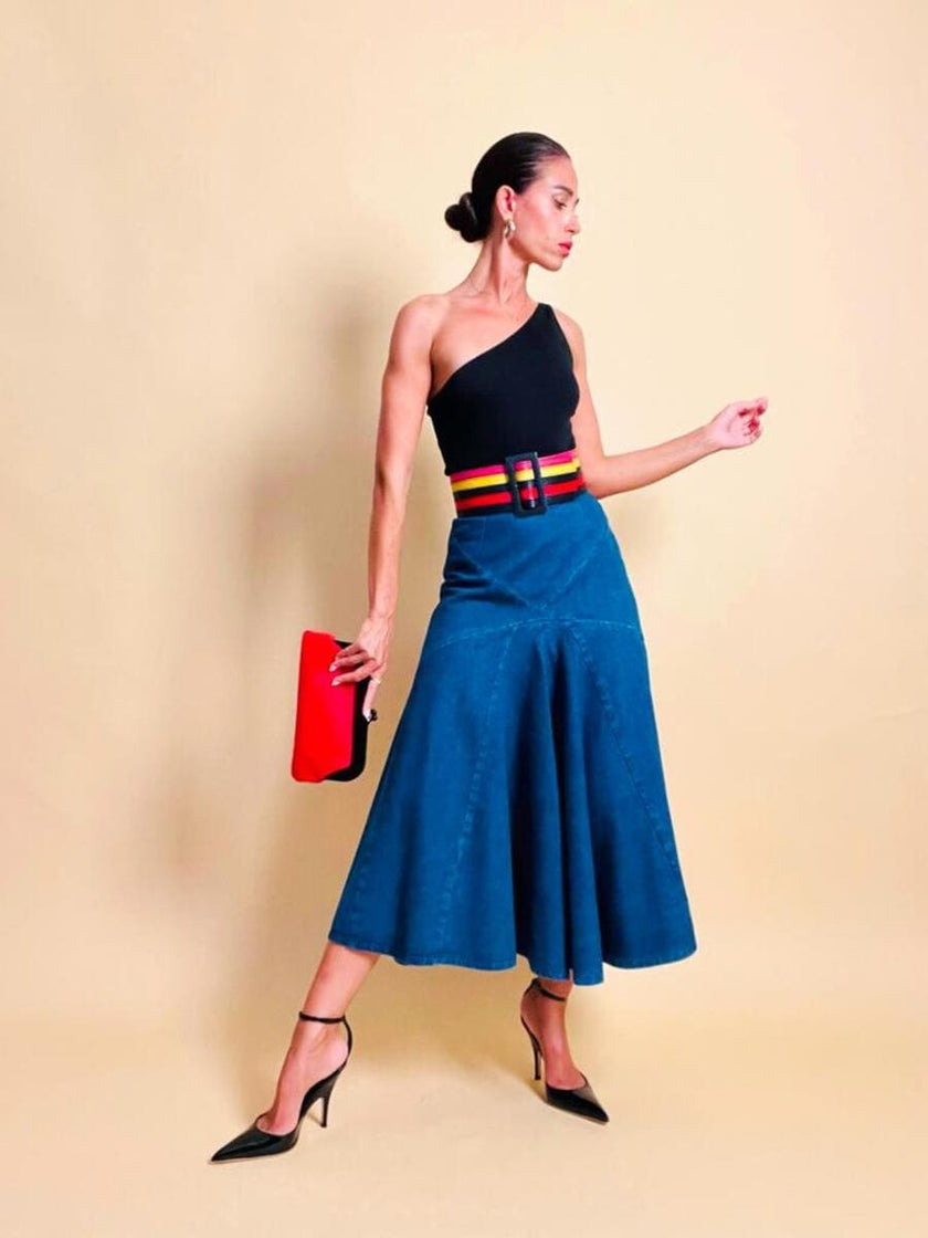Gonna a vita alta in tela jeans blu
