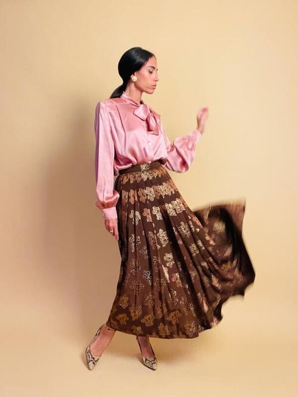 Gonna lunga in tessuto jaquard marrone e lurex oro