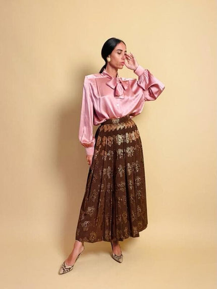 Gonna lunga in tessuto jaquard marrone e lurex oro