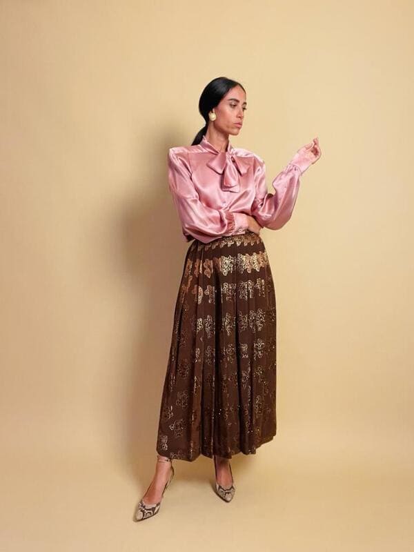 Gonna lunga in tessuto jaquard marrone e lurex oro