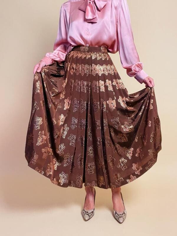 Gonna lunga in tessuto jaquard marrone e lurex oro