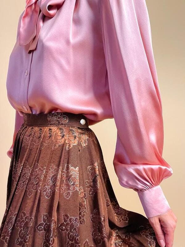 Gonna lunga in tessuto jaquard marrone e lurex oro