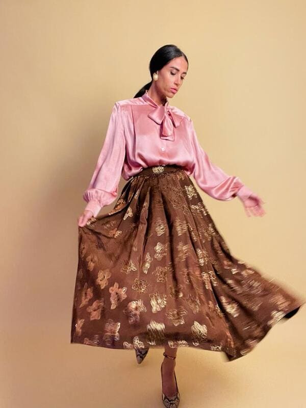 Gonna lunga in tessuto jaquard marrone e lurex oro