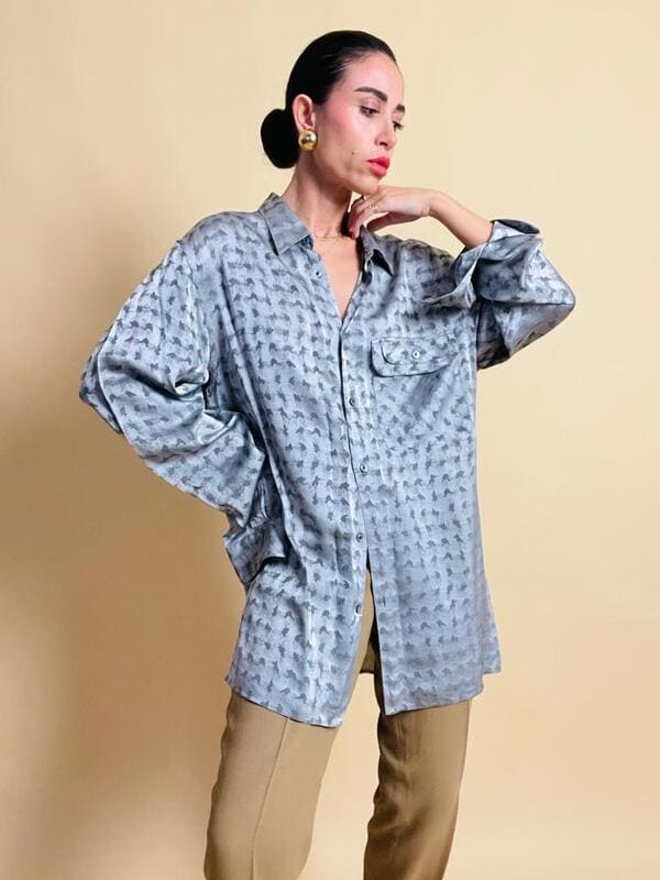 Camicia oversize in seta Jaquard silver