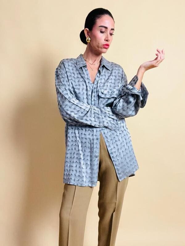 Camicia oversize in seta Jaquard silver