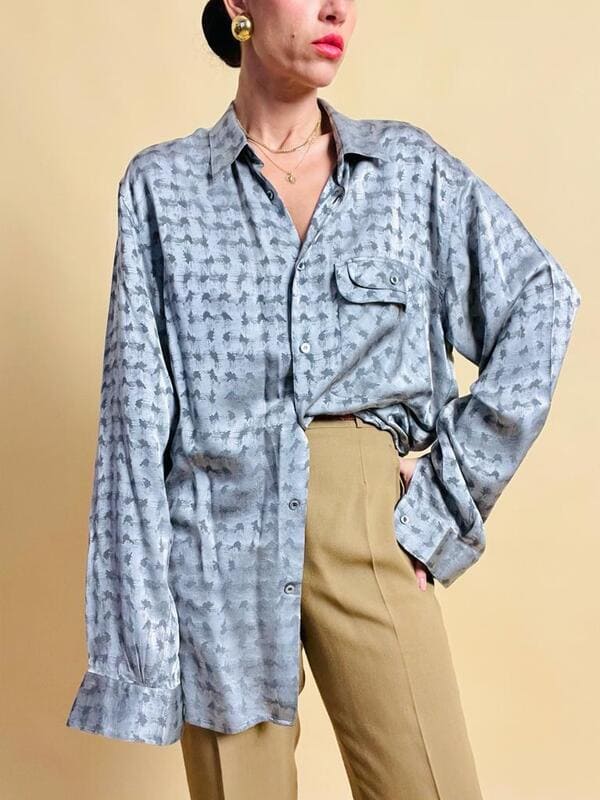 Camicia oversize in seta Jaquard silver