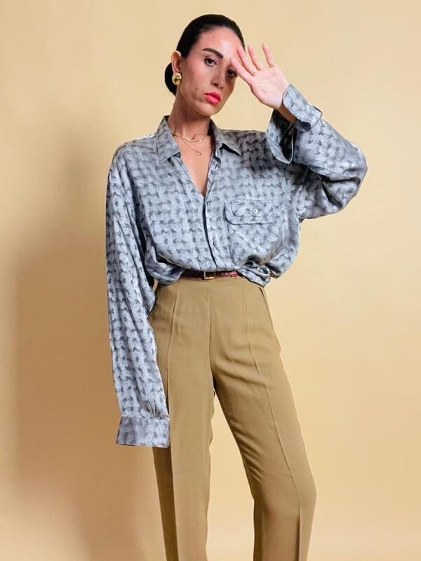 Camicia oversize in seta Jaquard silver