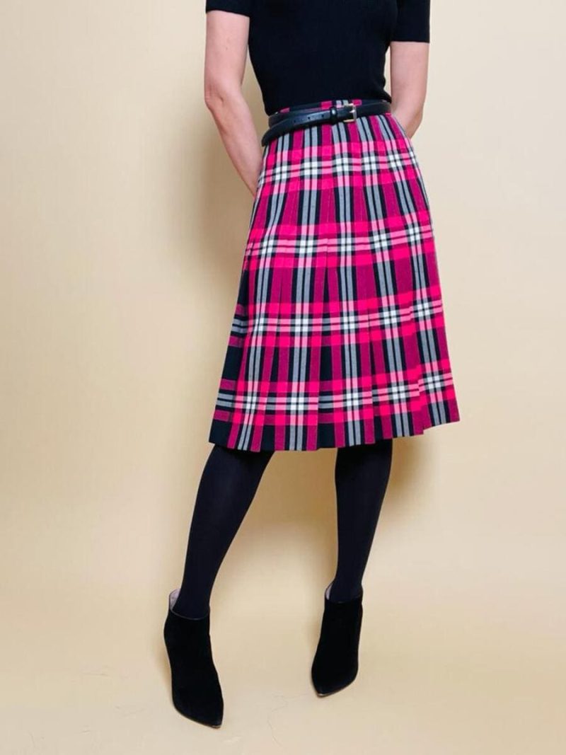 Gonna sartoriale a pieghe fantasia tartan fucsia e nera