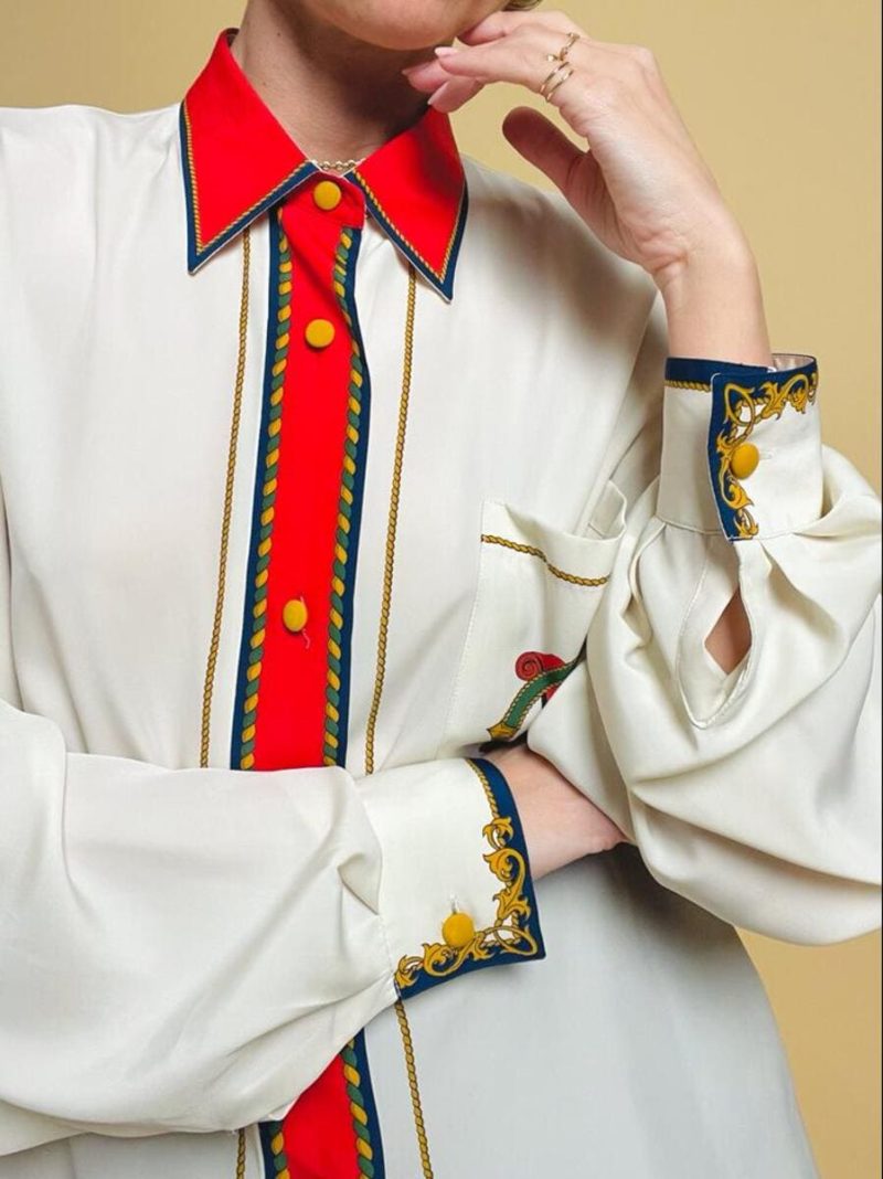 Camicia bianca con motivi barocchi multicolor Mario Pucci Cecconi