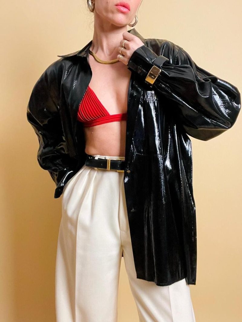 Camicia in lamè nero con bottoni canna di fucile