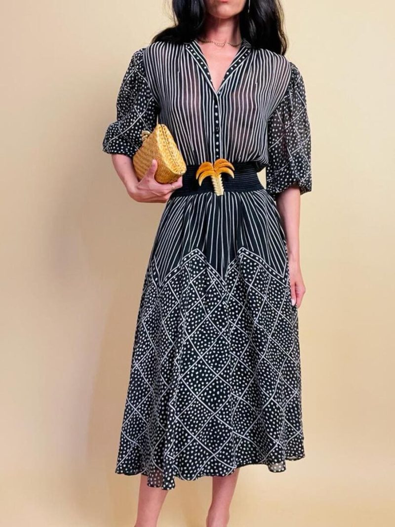 Abito midi in cotone garzato nero e bianco