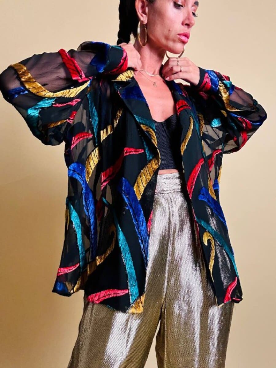 Camicia in chiffon nero con inserti di velluto controtagliato multicolor - immagine 8