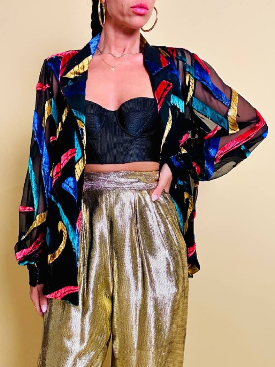 Camicia in chiffon nero con inserti di velluto controtagliato multicolor - immagine 10