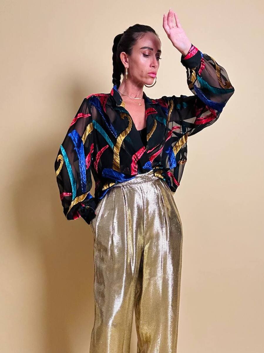 Camicia in chiffon nero con inserti di velluto controtagliato multicolor - immagine 11