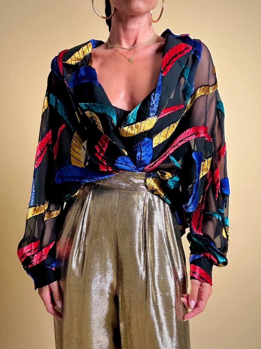 Camicia in chiffon nero con inserti di velluto controtagliato multicolor - immagine 12