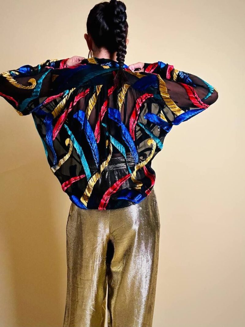 Camicia in chiffon nero con inserti di velluto controtagliato multicolor