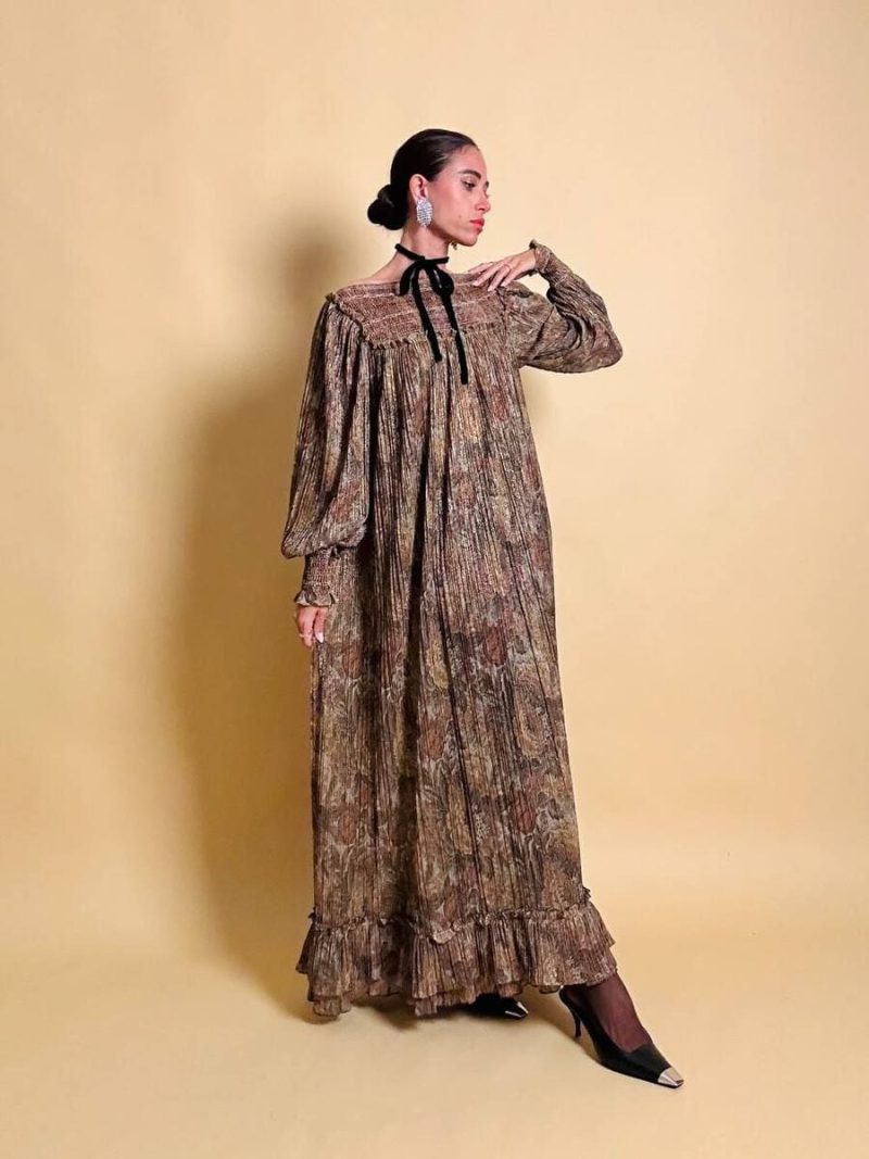 Abito lungo in lurex micro plissé fantasia florale