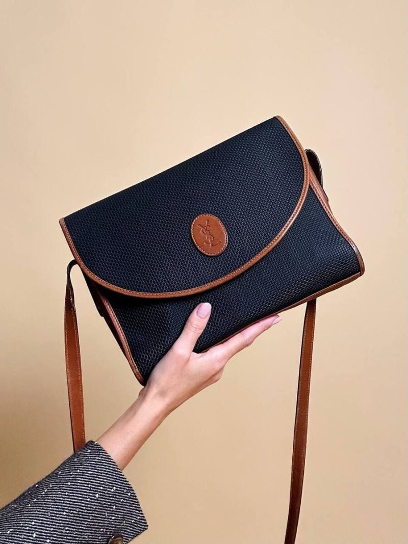 Borsa messanger in tessuto nero e pelle cuoio "Yves Saint Laurent"