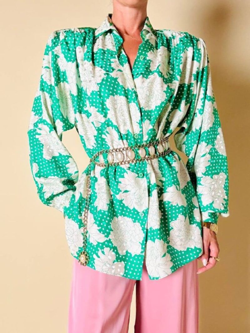 Camicia oversize in seta Jacquard fantasia floreale verde e bianca “Ballon”