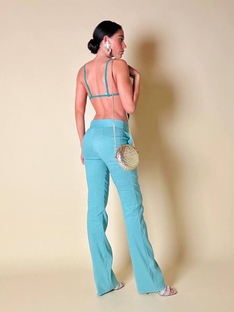 Ensemble top/pantalone turchese in lino e whips “Paola Frani”