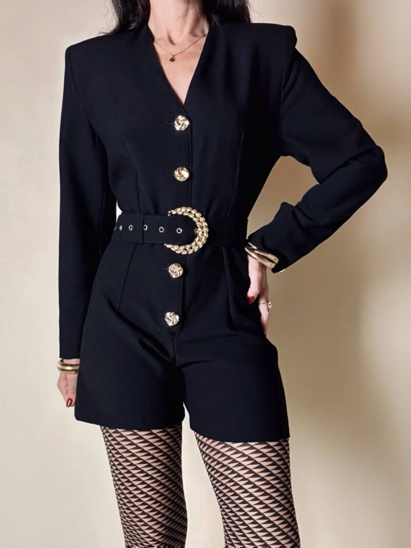 Mini Jumpsuit nera in rasato di lana con bottoni gioiello e cintura in coordinato