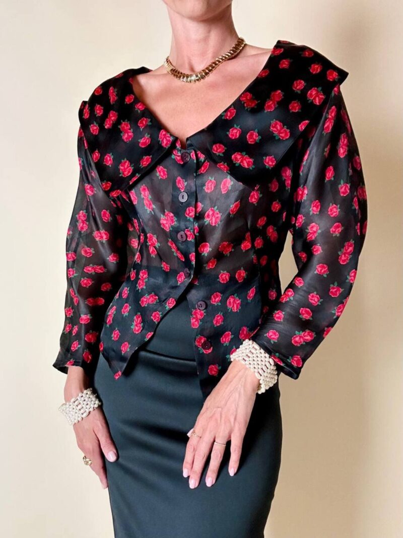 Camicia in organza nera fantasia rose rosse “Byblos”