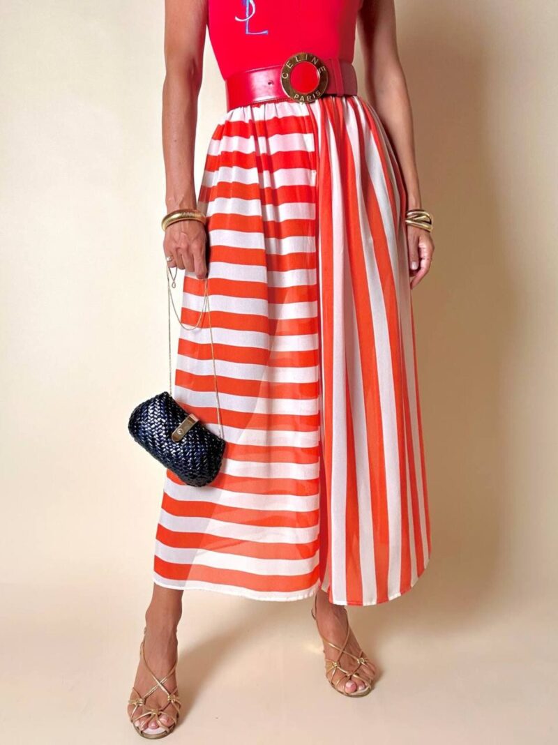 Gonna-pantalone sartoriale in chiffon di seta bianco e rosso a righe