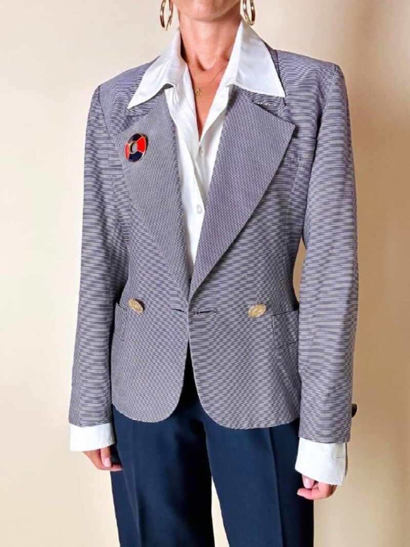 Blazer Yves Saint Laurent fantasia doppiopetto a righe bianche e blu con bottoni dorati