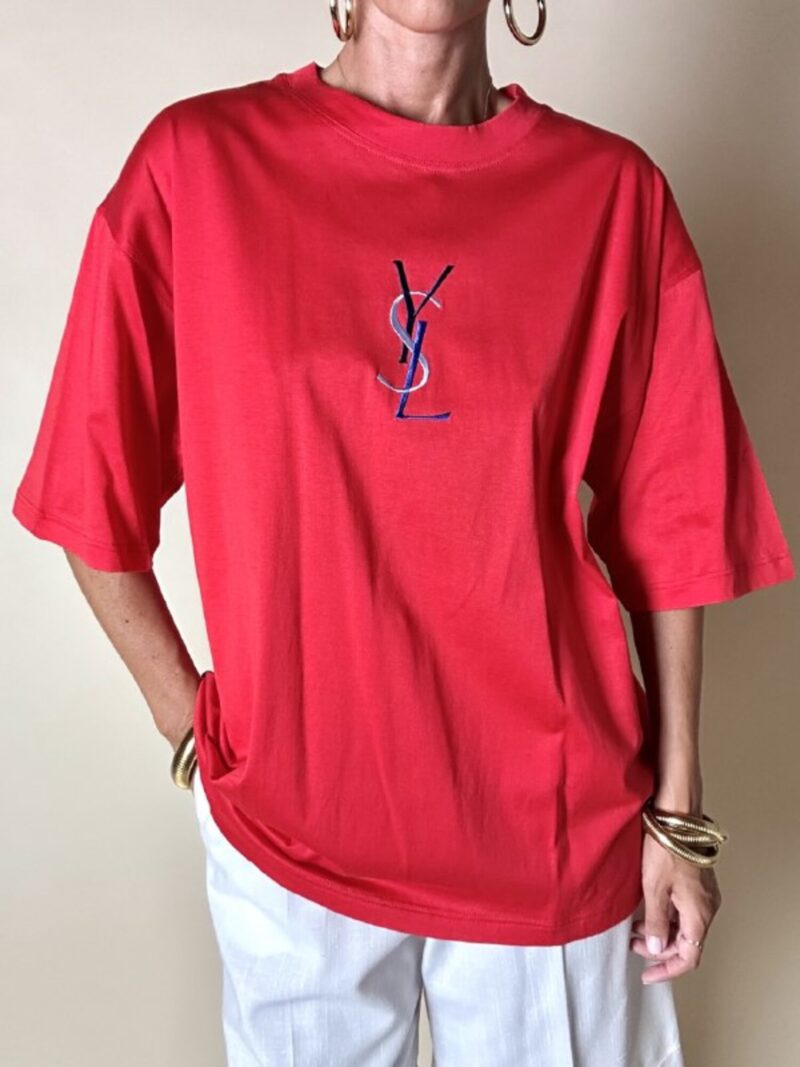 T-shirt Yves Saint Laurent  in cotone rosso con maxi logo YSL