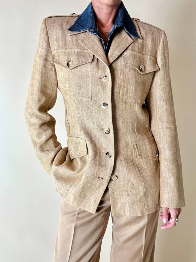 Giacca sahariana Yves Saint Laurent in lino mélange honey beige