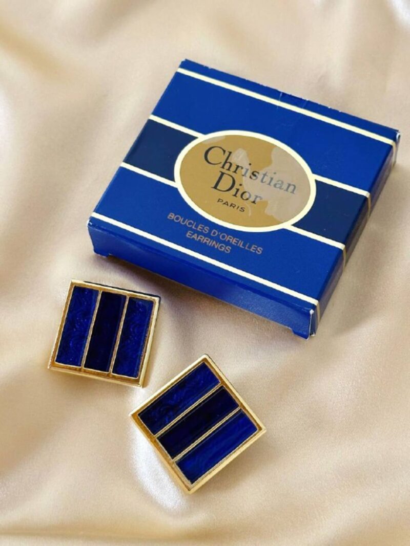 Orecchini a clip Christian Dior in metallo dorato con moduli in vetro bluette effetto mosaico