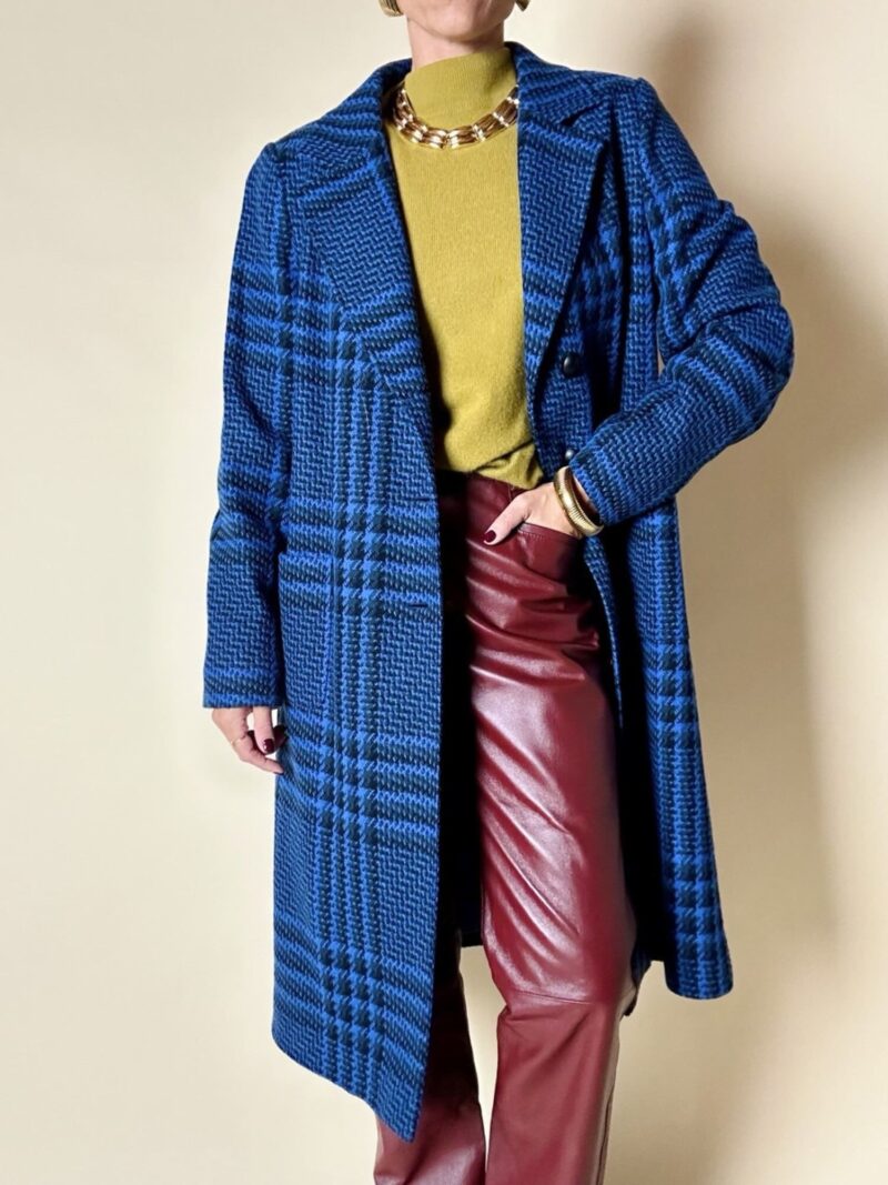 Cappotto in pura lana fantasia principe di Galles blu elettrico e nero Gigli Del Campo