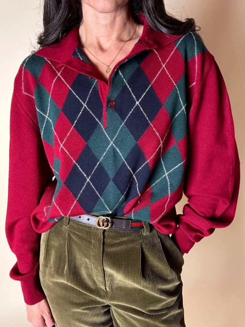 Pullover Yves Saint Laurent fantasia Argyle rosso Borgogna verde inglese e blu notte
