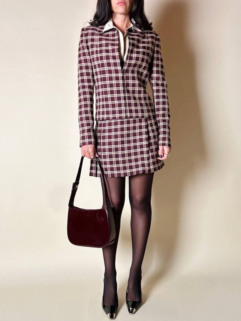 Ensemble giacca e minigonna fantasia check bordeaux e avorio Solleciti