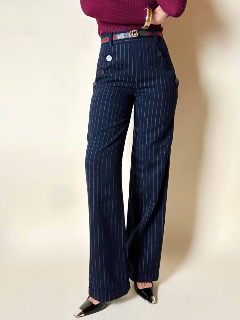 Pantalone a vita alta DOU DOU modello sailor in lana gessata blu notte