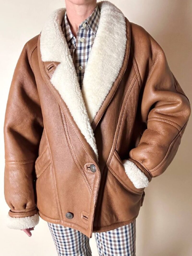 Schearling doppiopetto in pelle color cuoio con vello naturale Shearling Original