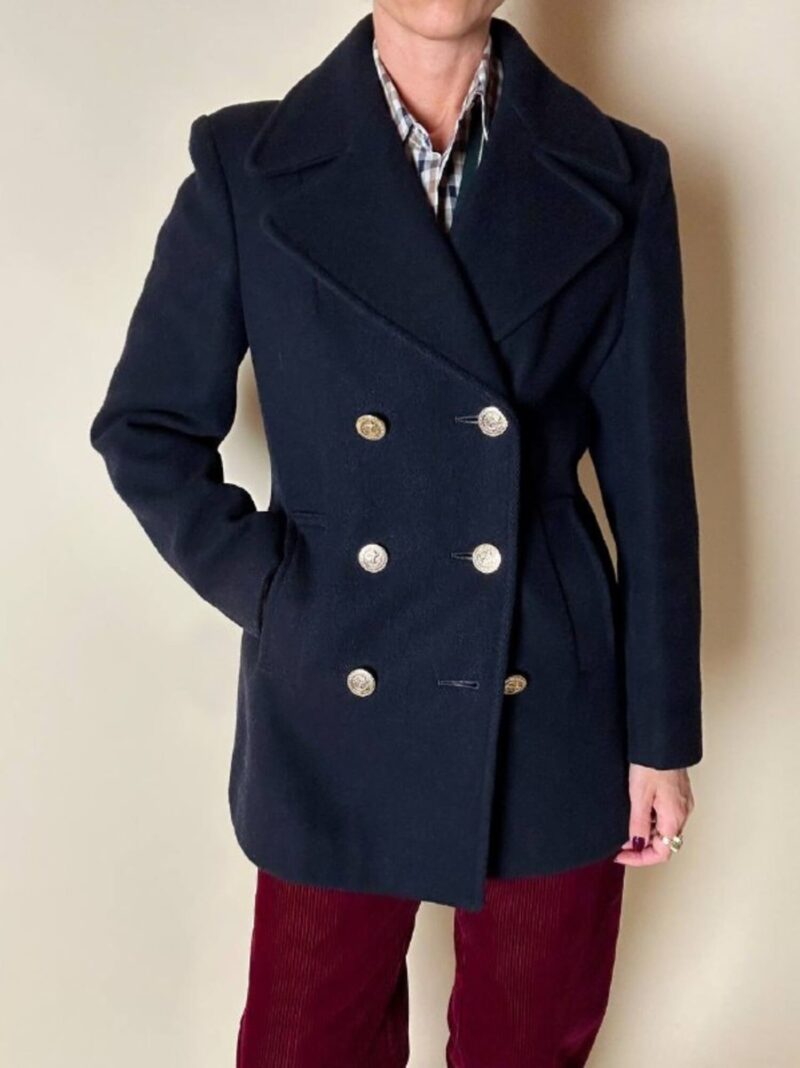 Peacot Gloverall in lana blu notte con bottoni dorati con firma e ancora centrale
