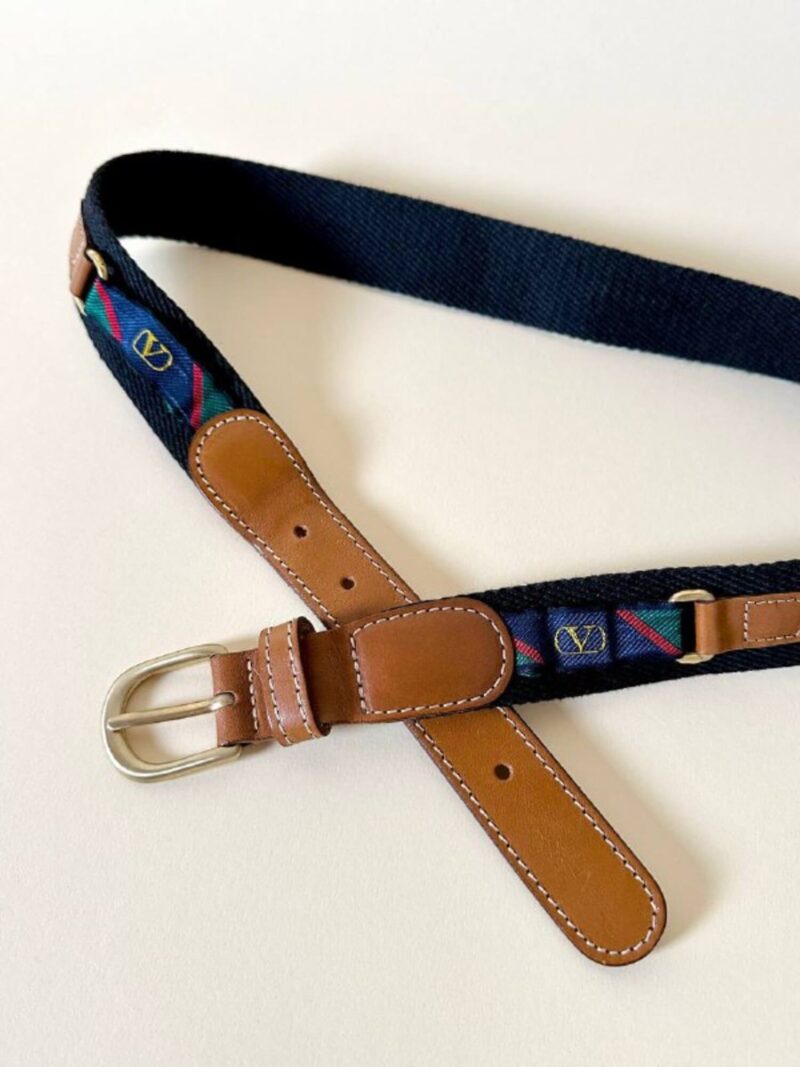 Cintura Valentino Garavani in pelle cuoio e tessuto con ribbons regimental logati