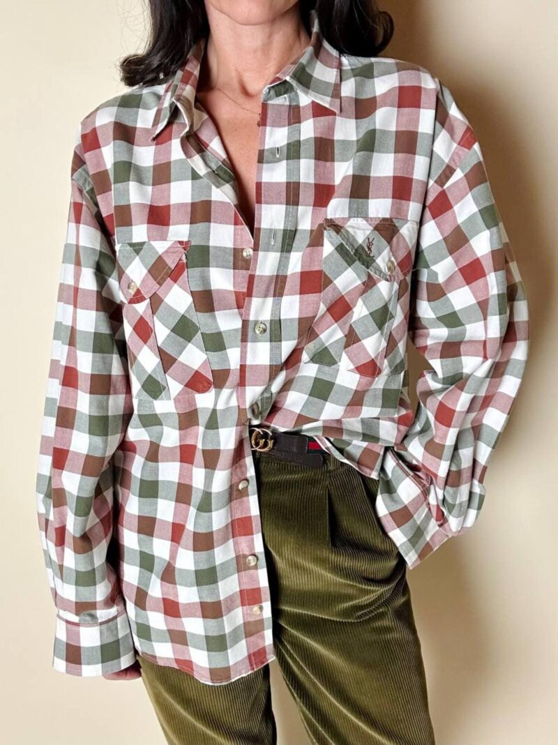 Camicia Yves Saint Laurent in cotone a quadri nei toni del bianco verde oliva e rosso mattone